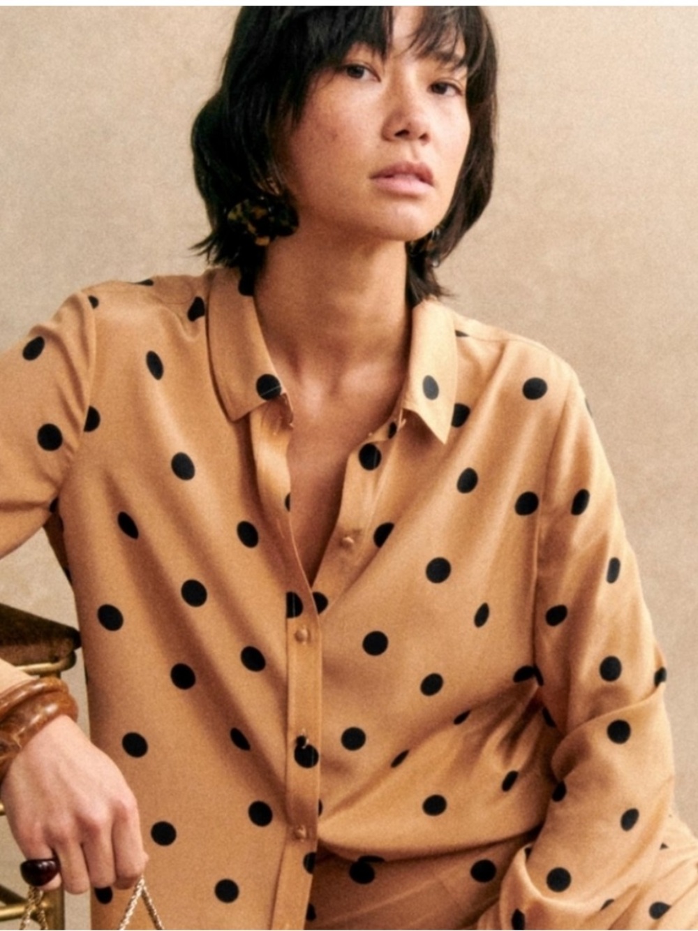 BNWT Sézane silk polka dot Ann button down shirt, FR 34 / US 2